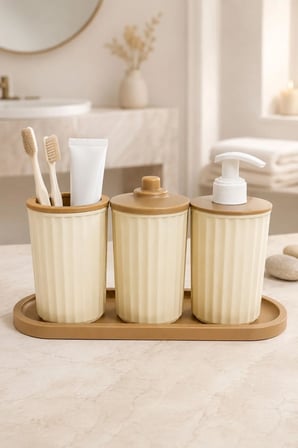 4 Parça Banyo Seti Modern Çizgili Tasarım | Organize | Pamukluk | Organizer | Sıvı Sabunluk | Diş fırçalık