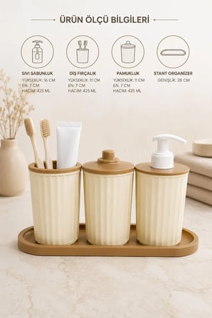 4 Parça Banyo Seti Modern Çizgili Tasarım | Organize | Pamukluk | Organizer | Sıvı Sabunluk | Diş fırçalık
