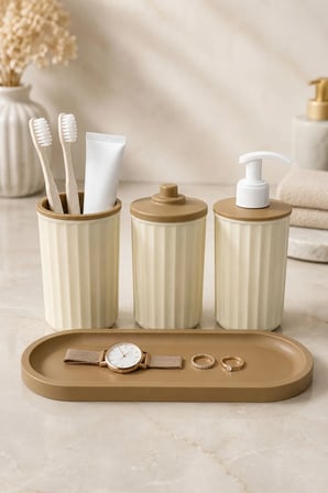 4 Parça Banyo Seti Modern Çizgili Tasarım | Organize | Pamukluk | Organizer | Sıvı Sabunluk | Diş fırçalık