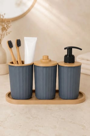 4 Parça Banyo Seti Modern Çizgili Tasarım | Organize | Pamukluk | Organizer | Sıvı Sabunluk | Diş fırçalık