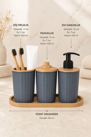 4 Parça Banyo Seti Modern Çizgili Tasarım | Organize | Pamukluk | Organizer | Sıvı Sabunluk | Diş fırçalık