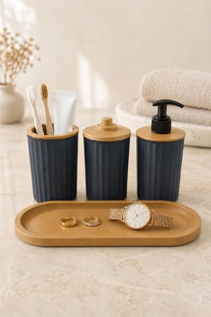 4 Parça Banyo Seti Modern Çizgili Tasarım | Organize | Pamukluk | Organizer | Sıvı Sabunluk | Diş fırçalık