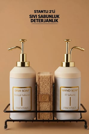 Standlı Sıvı Sabunluk Seti | El Sabunu & Bulaşık Sabunu | Metal Stant | 350 ML | Metal