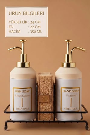 Standlı Sıvı Sabunluk Seti | El Sabunu & Bulaşık Sabunu | Metal Stant | 350 ML | Metal