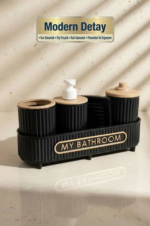 5 Parça Banyo Seti | Sıvı Sabunluk | Diş fırçalık | | Katı sabunluk | Pamukluk | Organizer | Siyah