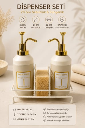 Standlı Sıvı Sabunluk Seti | El Sabunu & Bulaşık Sabunu | Metal Stant | 350 ML | Metal