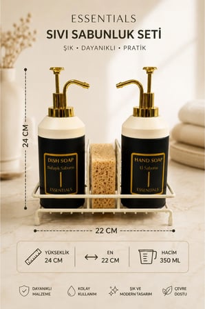 Standlı Sıvı Sabunluk Seti | El Sabunu & Bulaşık Sabunu | Metal Stant | 350 ML | Metal