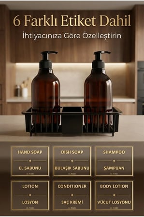 2’li Amber Plastik Sıvı Sabunluk Seti | El ve Bulaşık Sabunu Seti | Standlı Banyo Düzenleyici | 500 ML x 2