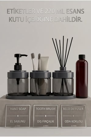 Füme Cam Stantlı Banyo Seti | 425 ML | Cam Sabunluk, Diş Fırçalık, Oda Esansı | 220 ML Okyanus