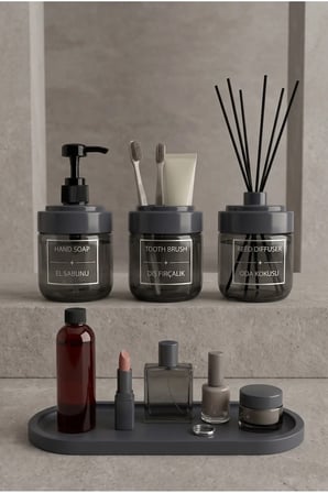 Füme Cam Stantlı Banyo Seti | 425 ML | Cam Sabunluk, Diş Fırçalık, Oda Esansı | 220 ML Okyanus