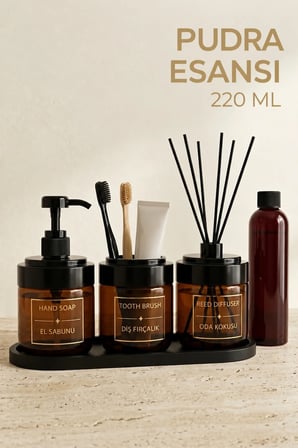 Amber Cam Stantlı Banyo Seti | 425 ML | Cam Sabunluk, Diş Fırçalık, Oda Esansı | 220 ML Pudra