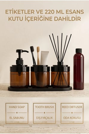 Amber Cam Stantlı Banyo Seti | 425 ML | Cam Sabunluk, Diş Fırçalık, Oda Esansı | 220 ML Pudra