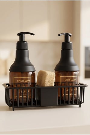 Amber 2’li Cam Sabunluk Seti | El ve Bulaşık Sabunu Seti | Standlı Banyo Düzenleyici | 250 ML x 2