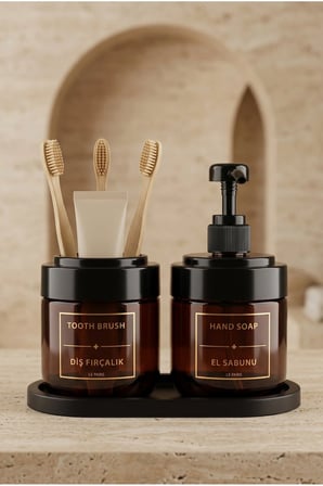 2’li Amber Cam Sıvı Sabunluk ve Diş Fırçalık | Standlı Cam Banyo Organizer Seti 2’li | 425 ml x 2