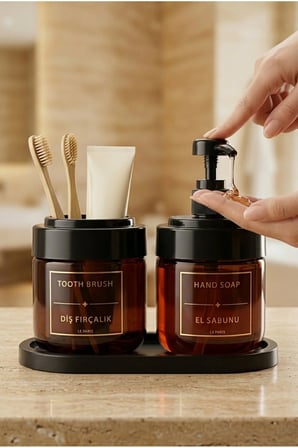 2’li Amber Cam Sıvı Sabunluk ve Diş Fırçalık | Standlı Cam Banyo Organizer Seti 2’li | 425 ml x 2