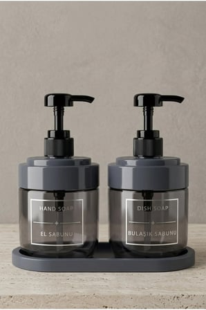 2’li Cam Sıvı Sabunluk Seti | El ve Bulaşık Sabunu | Standlı Banyo Düzenleyici | 425 ML x 2