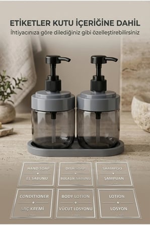 2’li Cam Sıvı Sabunluk Seti | El ve Bulaşık Sabunu | Standlı Banyo Düzenleyici | 425 ML x 2