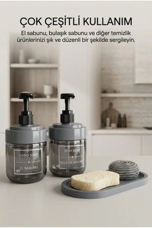 2’li Cam Sıvı Sabunluk Seti | El ve Bulaşık Sabunu | Standlı Banyo Düzenleyici | 425 ML x 2