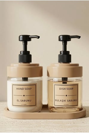 2’li Cam Sıvı Sabunluk Seti | El ve Bulaşık Sabunu | Standlı Banyo Düzenleyici | 425 ML x 2