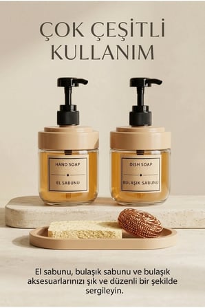 2’li Cam Sıvı Sabunluk Seti | El ve Bulaşık Sabunu | Standlı Banyo Düzenleyici | 425 ML x 2