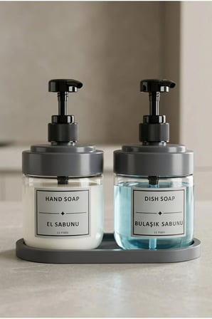 2’li Cam Sıvı Sabunluk Seti | El ve Bulaşık Sabunu | Standlı Banyo Düzenleyici | 425 ML x 2