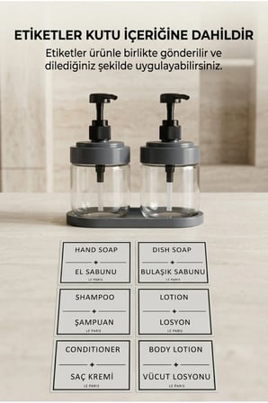 2’li Cam Sıvı Sabunluk Seti | El ve Bulaşık Sabunu | Standlı Banyo Düzenleyici | 425 ML x 2