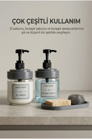 2’li Cam Sıvı Sabunluk Seti | El ve Bulaşık Sabunu | Standlı Banyo Düzenleyici | 425 ML x 2