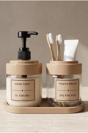 2’li Cam Sıvı Sabunluk ve Diş Fırçalık | Standlı Cam Banyo Organizer Seti 2’li | 425 ml x 2