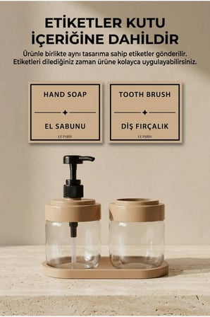 2’li Cam Sıvı Sabunluk ve Diş Fırçalık | Standlı Cam Banyo Organizer Seti 2’li | 425 ml x 2