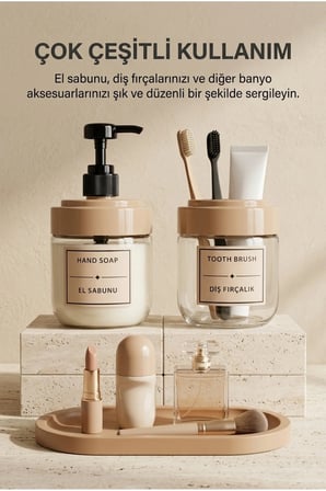 2’li Cam Sıvı Sabunluk ve Diş Fırçalık | Standlı Cam Banyo Organizer Seti 2’li | 425 ml x 2
