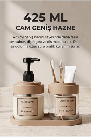2’li Cam Sıvı Sabunluk ve Diş Fırçalık | Standlı Cam Banyo Organizer Seti 2’li | 425 ml x 2