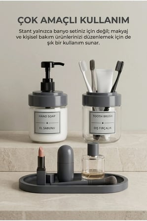 2’li Cam Sıvı Sabunluk ve Diş Fırçalık | Standlı Cam Banyo Organizer Seti 2’li | 425 ml x 2