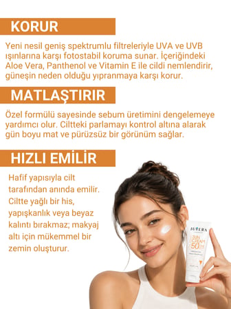 JUVERA  Güneş Koruyucu Krem Tüm Cilt Tipleri İçin Yeni Nesil Filtreli SPF 50+ PA++++ 50 ml