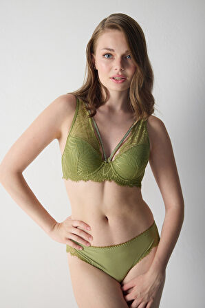 Yakası Çapraz İpli Taşlı Destekli Dantelli Sütyen