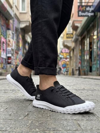 BA0248 BOA Siyah Beyaz Taban Esnek Bağcıklı Ultra Hafif Nefes Alan Sneaker Ayakkabı