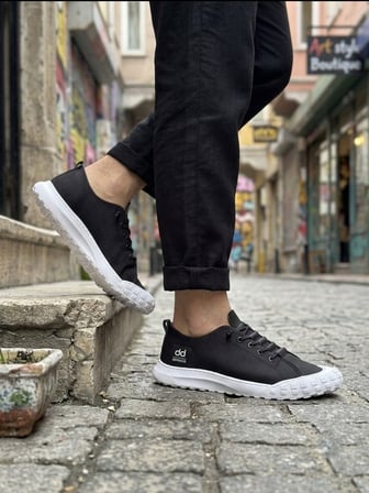 BA0248 BOA Siyah Beyaz Taban Esnek Bağcıklı Ultra Hafif Nefes Alan Sneaker Ayakkabı