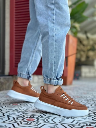 BA0332 Merdiven Desen Bağcıklı Erkek Yüksek Taban Taba Süet Beyaz Taban Spor Ayakkabı