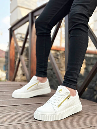 SNR-308 BOA Kalın Yüksek Taban Çift Fermuarlı Beyaz Erkek Ayakkabı