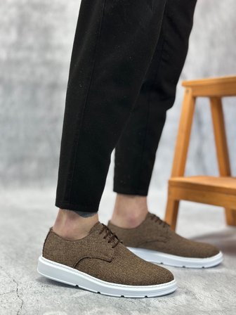 BA0003 Bağcıklı Klasik Spor Keten Kahverengi Beyaz Taban Casual Erkek Ayakkabı