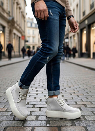 ET0550 İçi Kürklü Bağcıklı Krem Erkek Tarz Spor Bot