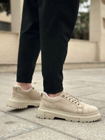 BA0245 Krem Süet Akıllı Lastik Bağcık Yüksek Taban Günlük Erkek Ayakkabı