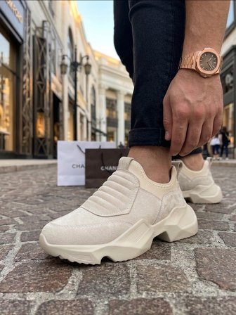 BA0402 Bağcıksız Rahat Yüksek Taban Krem Süet Erkek Spor Ayakkabı