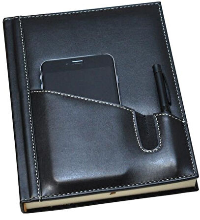 2026 YENİ YIL DERİ AJANDA TELEFON KILIFLI KAPAK GÜNLÜK ÇİZGİLİ AJANDA 17X24 CM. SİYAH