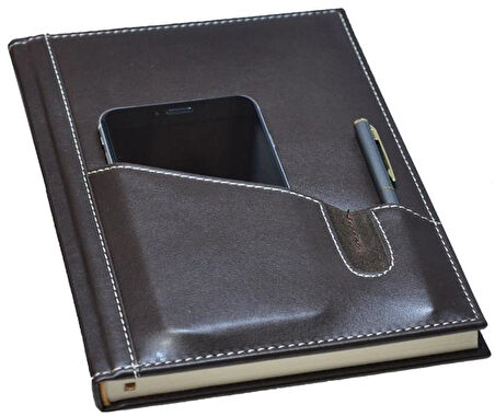 2026 YENİ YIL DERİ AJANDA TELEFON KILIFLI KAPAK GÜNLÜK ÇİZGİLİ AJANDA 17X24 CM. KAHVERENGİ