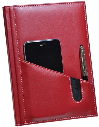 2026 YENİ YIL DERİ AJANDA TELEFON KILIFLI KAPAK GÜNLÜK ÇİZGİLİ AJANDA 17X24 CM. KIRMIZI