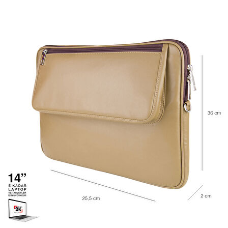 2K S.Deri Laptop Çantası,Tablet Çantası,14'' inç,Vegan,Omuz ve Valiz Askılı,Aksesuar ve Evrak Cepli,25.5*36*2 cm.,Vizon