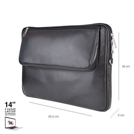2K S.Deri Laptop Çantası,Tablet Çantası,14'' inç,Vegan,Omuz ve Valiz Askılı,Aksesuar ve Evrak Cepli,25.5*36*2 cm.,Siyah