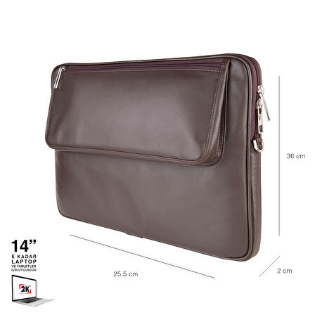 2K S.Deri Laptop Çantası,Tablet Çantası,14'' inç,Vegan,Omuz ve Valiz Askılı,Aksesuar ve Evrak Cepli,25.5*36*2 cm.,Kahverengi