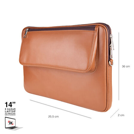 2K S.Deri Laptop Çantası,Tablet Çantası,14'' inç,Vegan,Omuz ve Valiz Askılı,Aksesuar ve Evrak Cepli,25.5*36*2 cm.,Taba