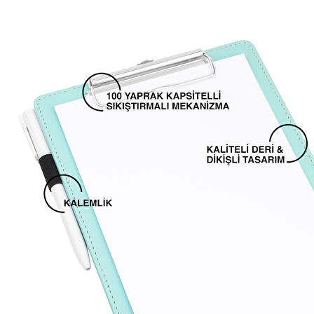 Sekreterlik,A5 Küçük Boy,Kapaksız,A5 Clipboard Vegan Suni Deri,17,5x24,5 cm.,Su Yeşili